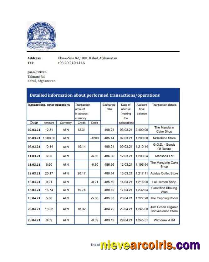 Premium Afghanistan Da Afghanistan Bank Statement Template In Excel An PDF Format
