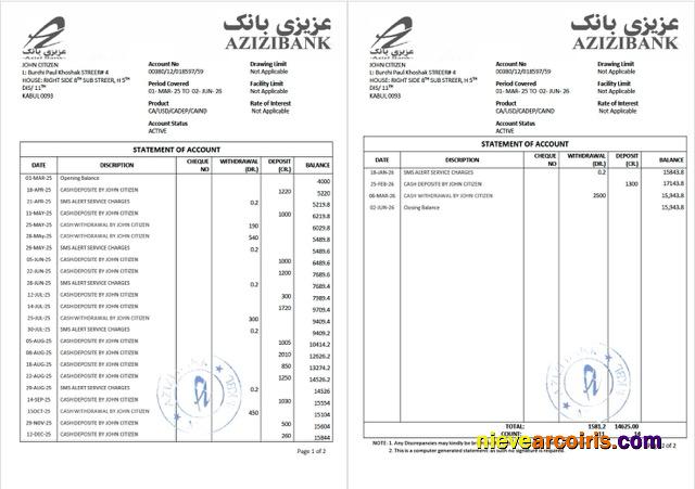 Premium Afghanistan Azizi Bank Statement Of Account Word And PDF Template, 2 Pages
