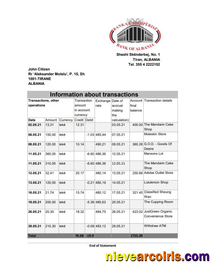 Premium Albania Bank Of Albania Bank Statement Template In Excel An PDF Format