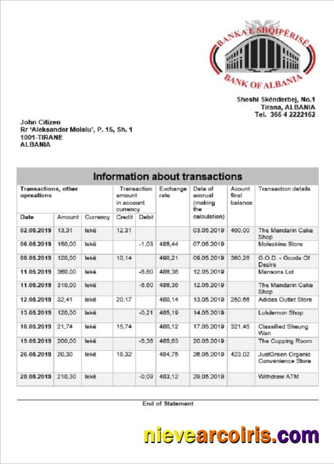 Albania Bank Of Albania Bank Statement Photolook