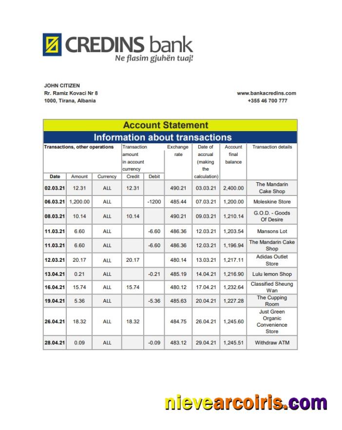 Realistic Albania Credins Bank Statement Template In Excel And PDF Format