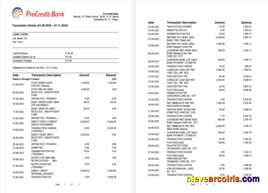 Editable Albania ProCreditBank Bank Statement Word And PDF Template, 3 Pages