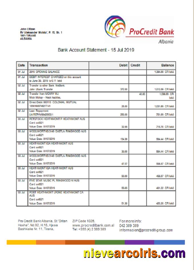 Albania Prokredit Bank Statement Preview