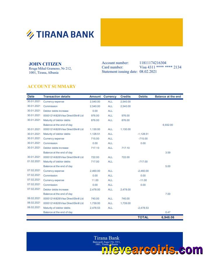 Albania Tirana Bank Statement Xls Preview