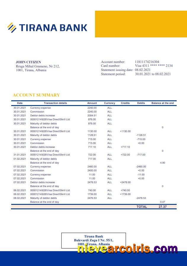 Albania Tirana Bank Statement Sample