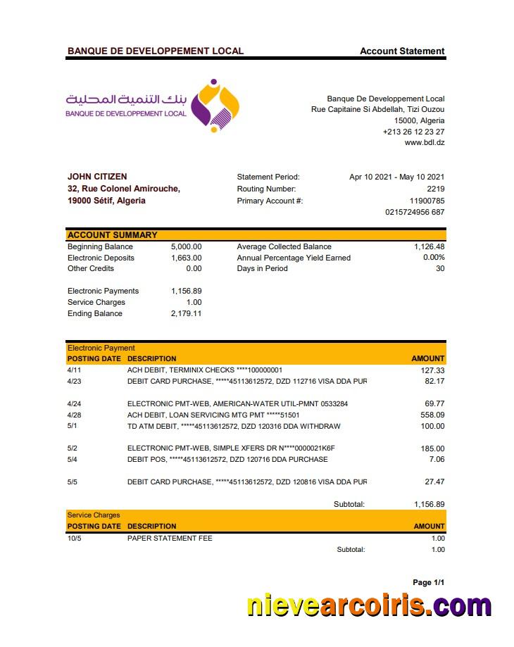 Algeria Banque De Developpement Local Bank Statement Xls Sample