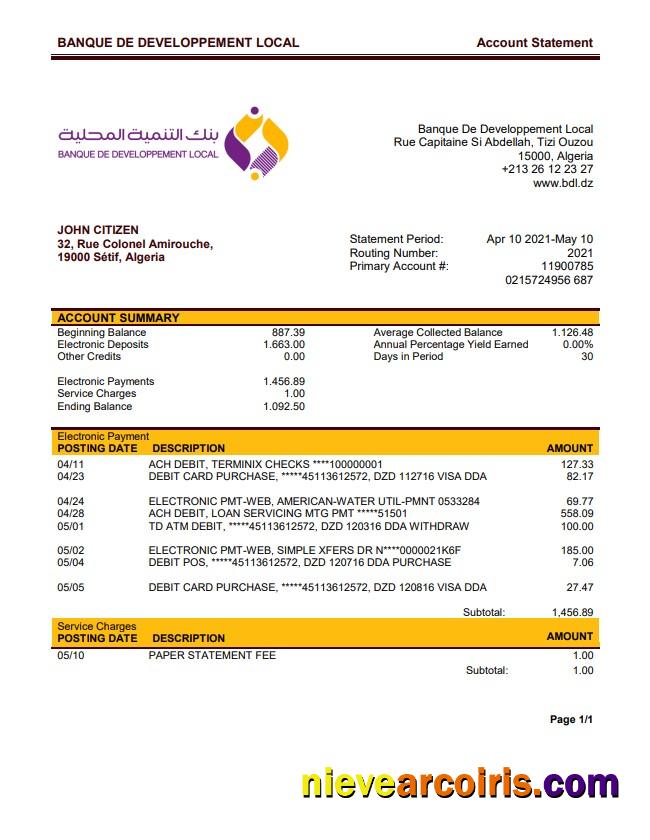 Algeria Banque De Developpement Local Bank Statement Template
