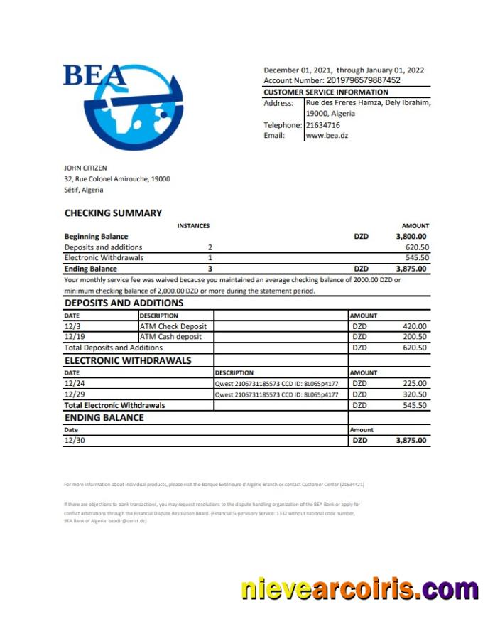 Premium Algeria Banque Extérieure D’Algérie Bank Statement Template In Excel And PDF Format