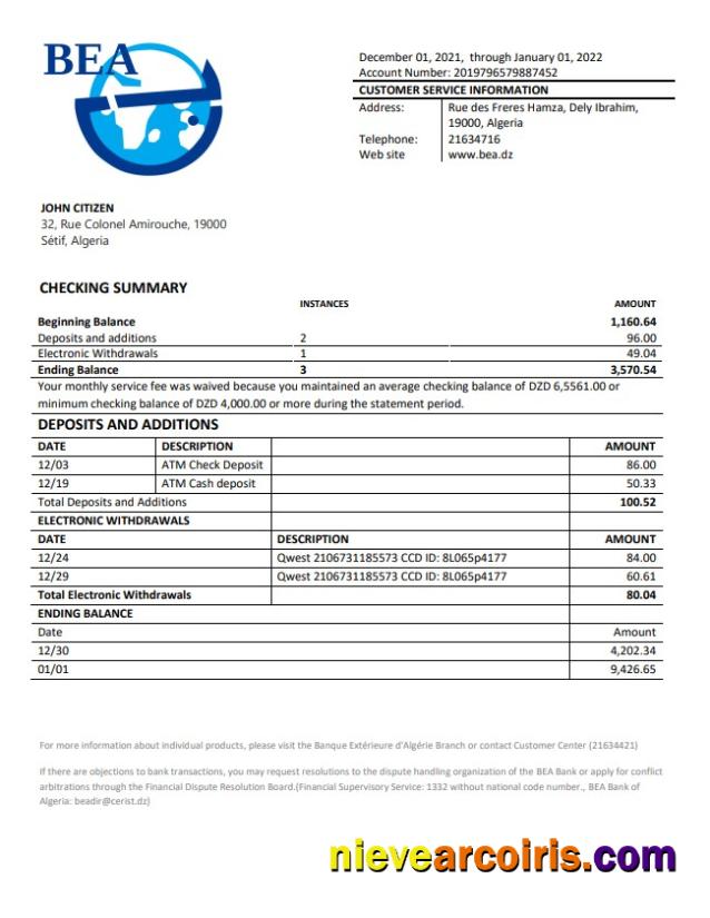 Algeria Banque Extérieure D'Algérie Bank Statement W1 Sample