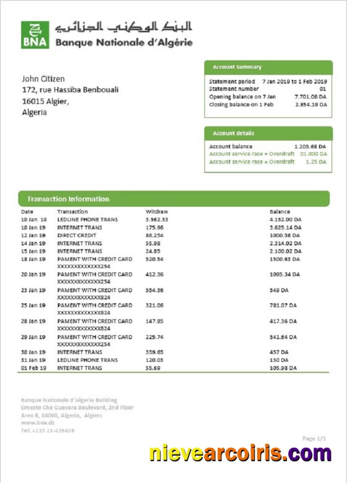 Algeria Banque Nationale D’Algérie (BNA) Bank Statement Sample