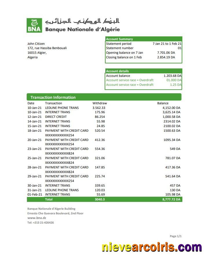 Algeria Banque Nationale D’Algérie (BNA) Excel Template