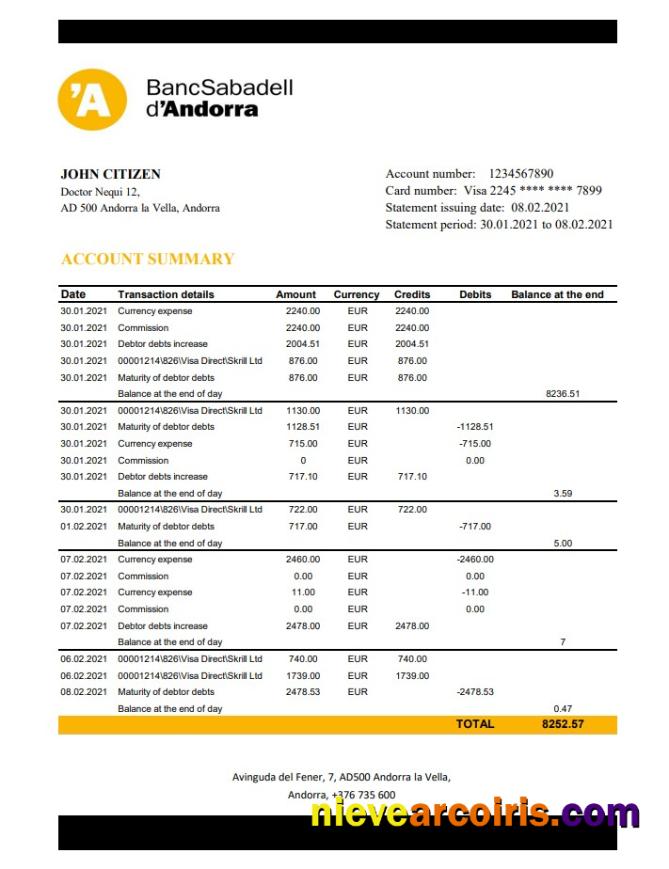 Premium Andorra BancSabadell D’Andorra Bank Statement Template In Excel And PDF Format