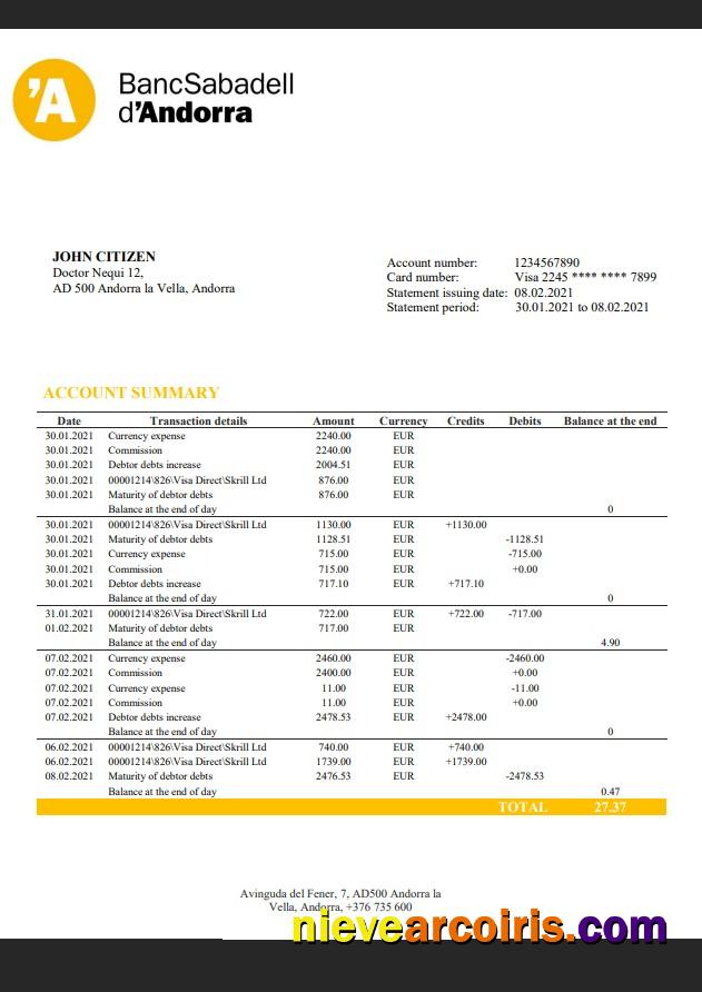 Andorra BancSabadell D'Andorra Bank Statement Preview