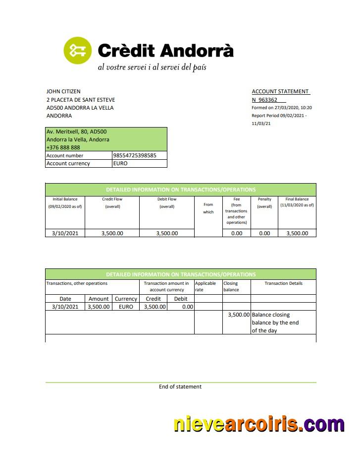Editable Andorra Credit Andorra Bank Statement Template In Excel And PDF Format