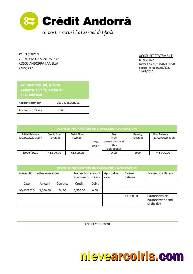 Andorra Credit Andorra Bank Statement Sample