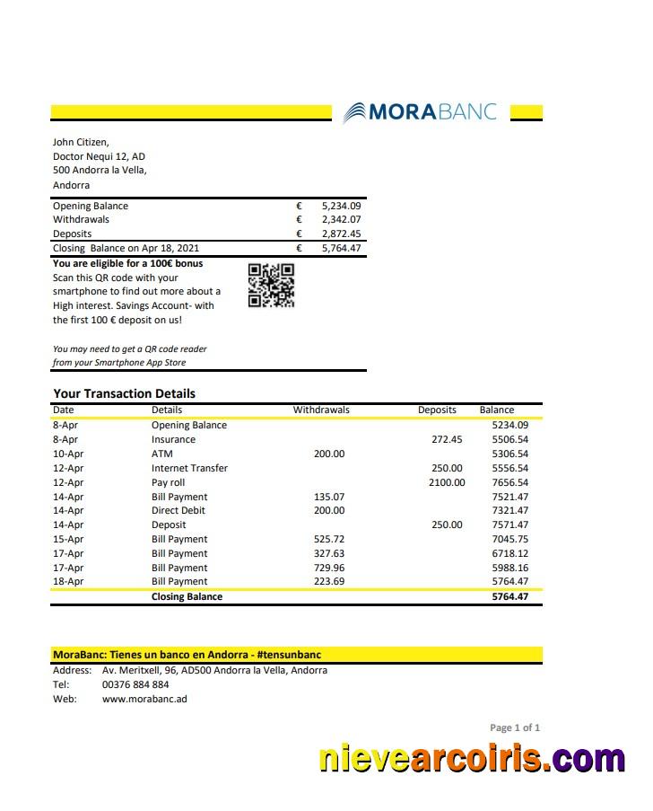 Editable Andorra MoraBank Bank Statement Template In Excel And PDF Format