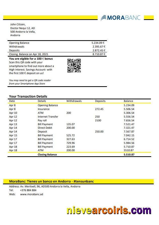 Andorra MoraBank Bank Statement Sample