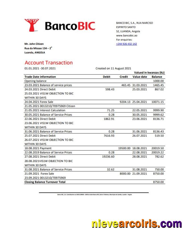 Editable Angola Banco BIC Bank Statement Template In Excel And PDF Format