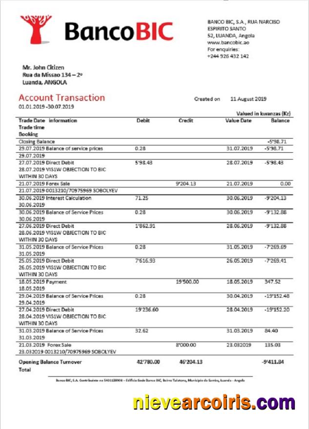 Angola Banco BIC Bank Statement Template