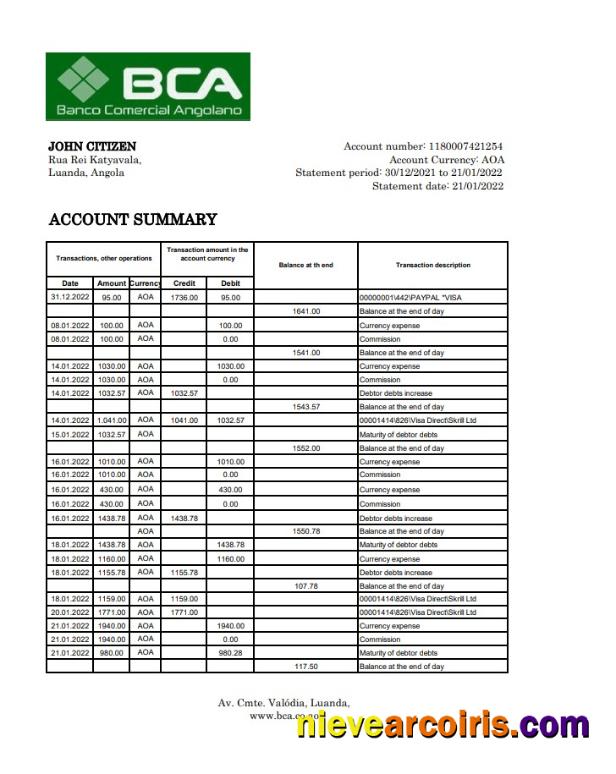 Angola Banco Comercial Angolano Bank Statement Xls Template