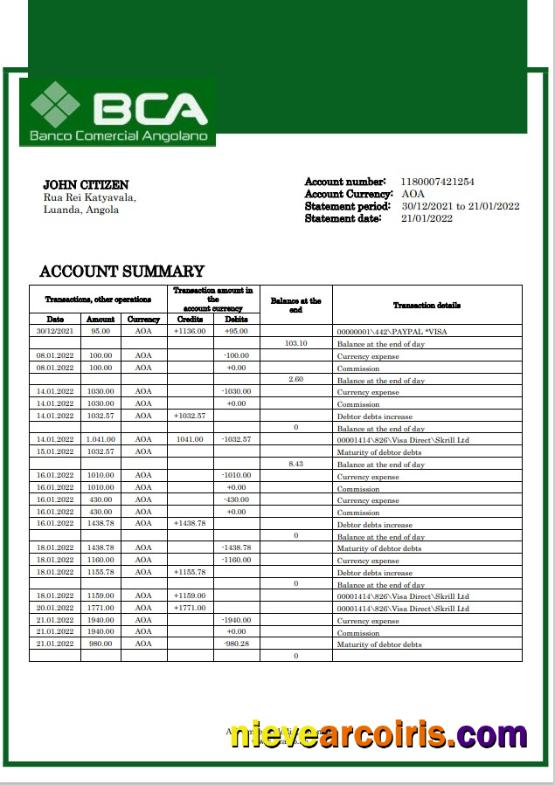 Angola Banco Comercial Angolano Bank Statement Template