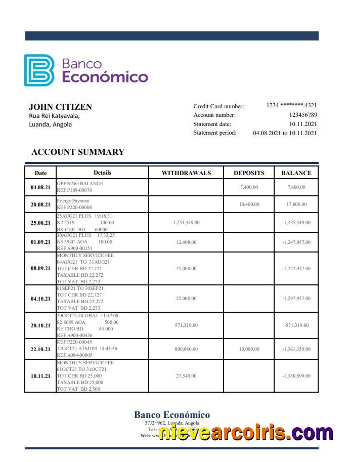 Realistic Angola Banco Ecenomico Bank Statement Template In Excel And PDF Format
