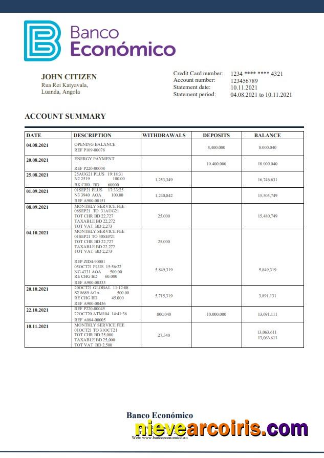 Angola Banco Ecenomico Bank Statement Template