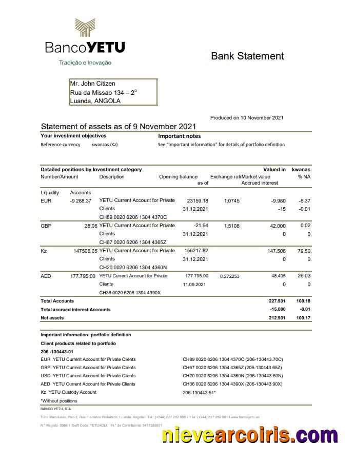Premium Angola Banco Yetu Bank Statement Template In Excel And PDF Format