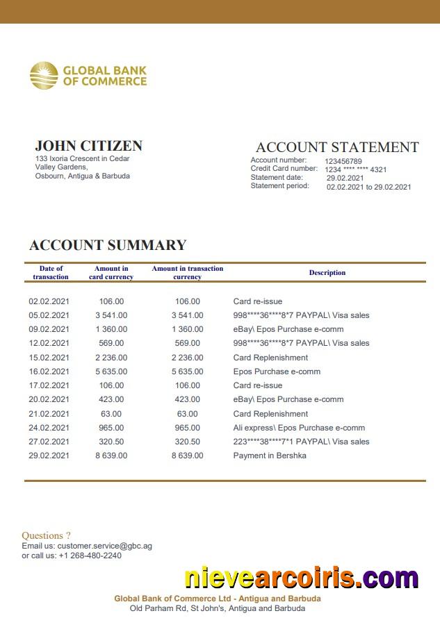 Antigua And Barbuda Global Bank Of Commerce Bank Statement Preview