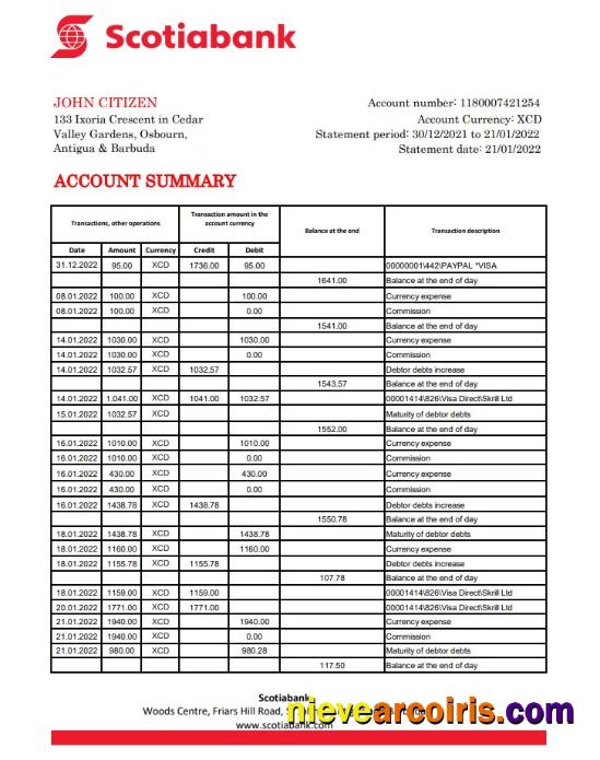 Antigua And Barbuda Scotiabank Bank Statement Xls Preview