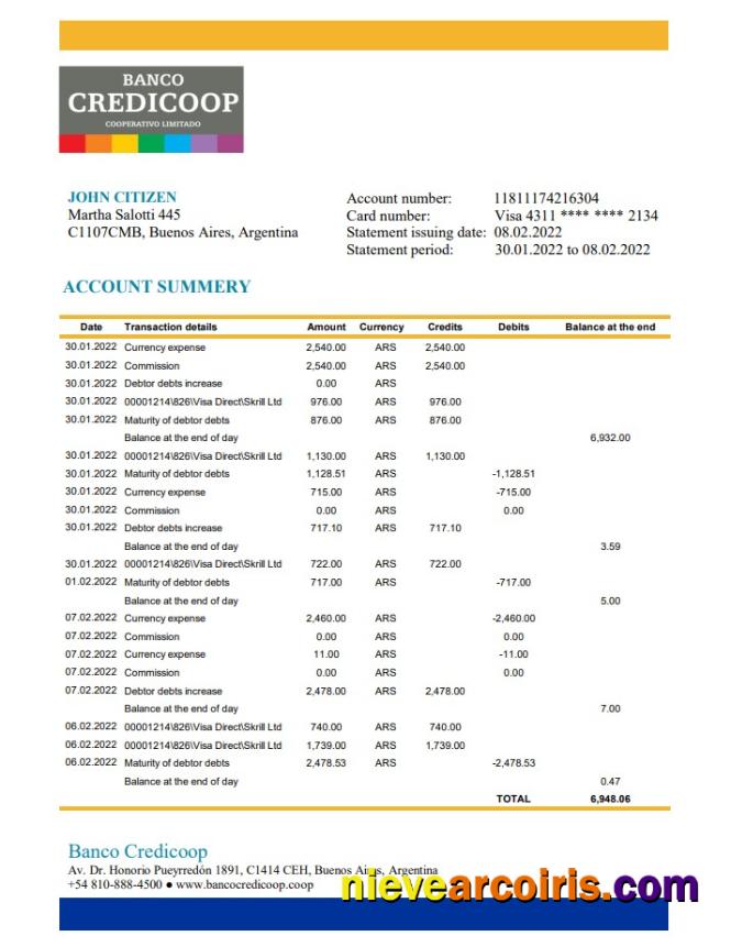 Argentina Banco Credicoop Bank Statement Xls Sample