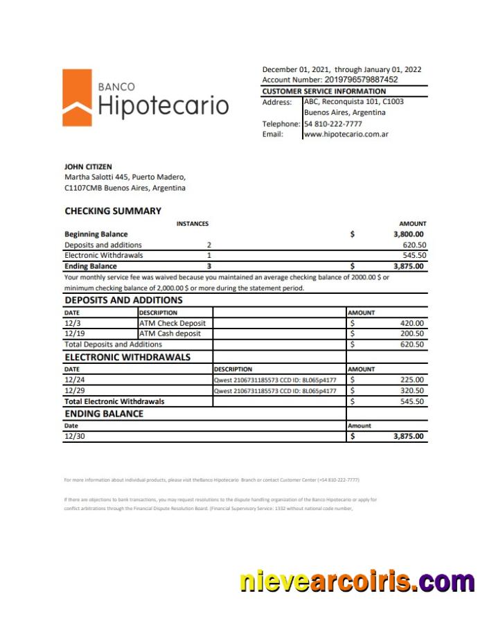 Argentina Banco Hipotecario Bank Statement Xls Sample