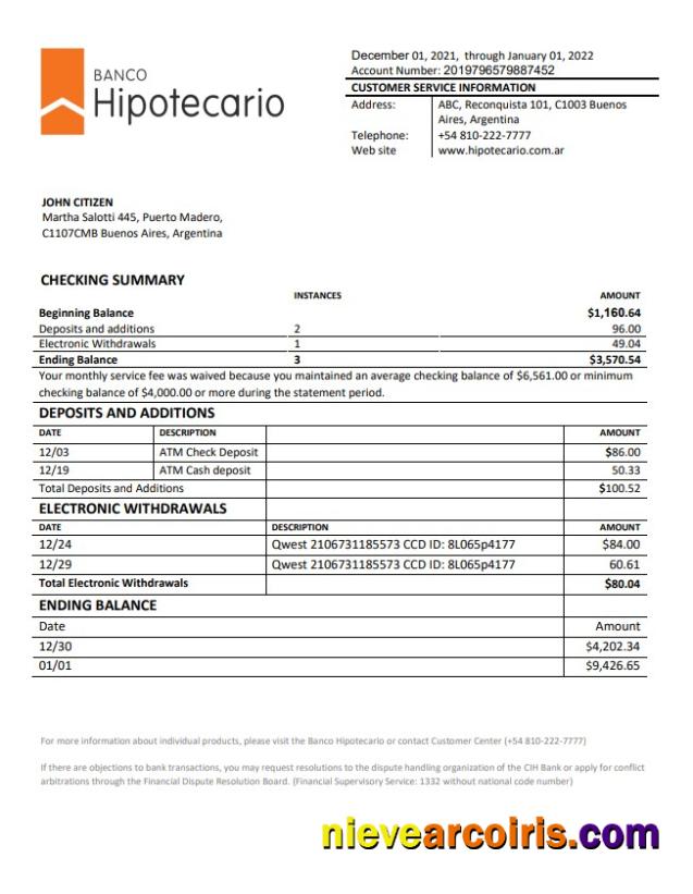Argentina Banco Hipotecario Bank Statement Template
