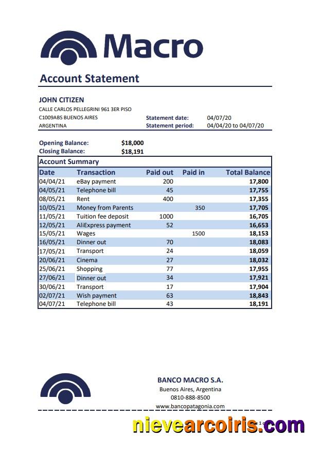 Premium Argentina Banco Macro S. A. Bank Statement Template In Excel And PDF Format