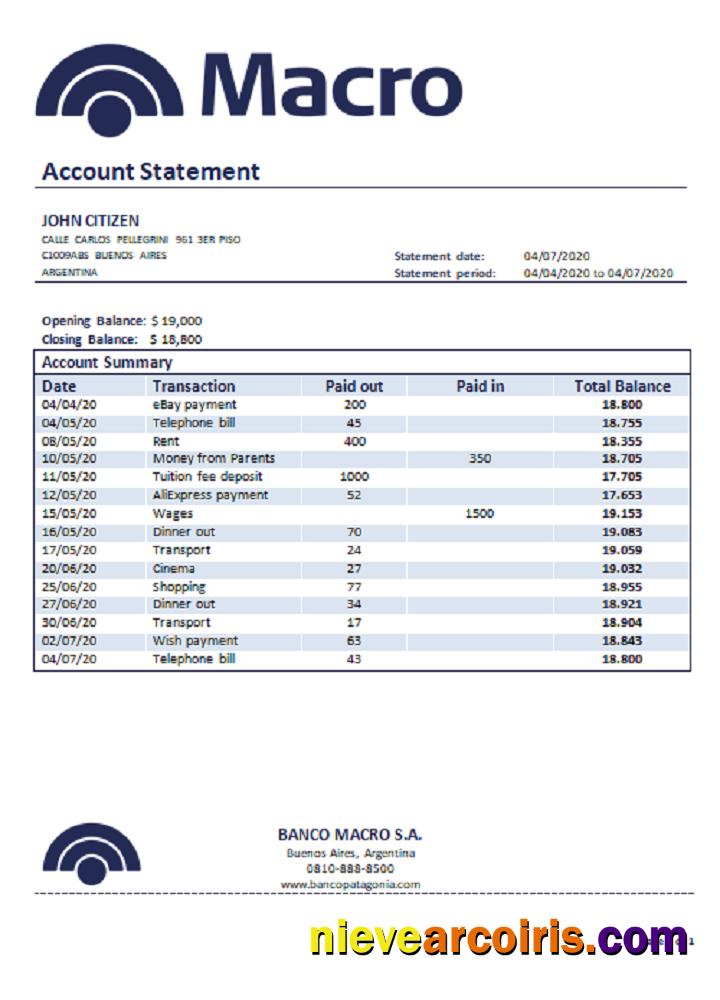 Argentina Banco Macro S.A. Bank Statement Preview