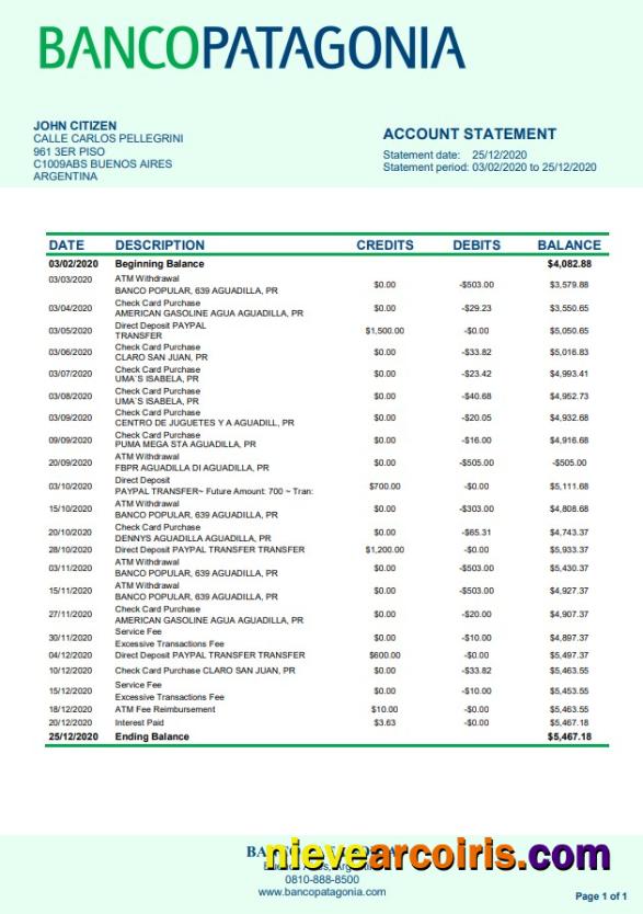 Argentina Banco Patagonia Bank Statement Template