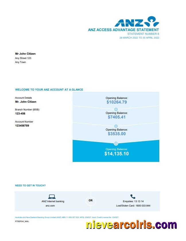 Editable Australia ANZ Bank Statement Easy To Fill Template In Excel And PDF Format, 2 Pages