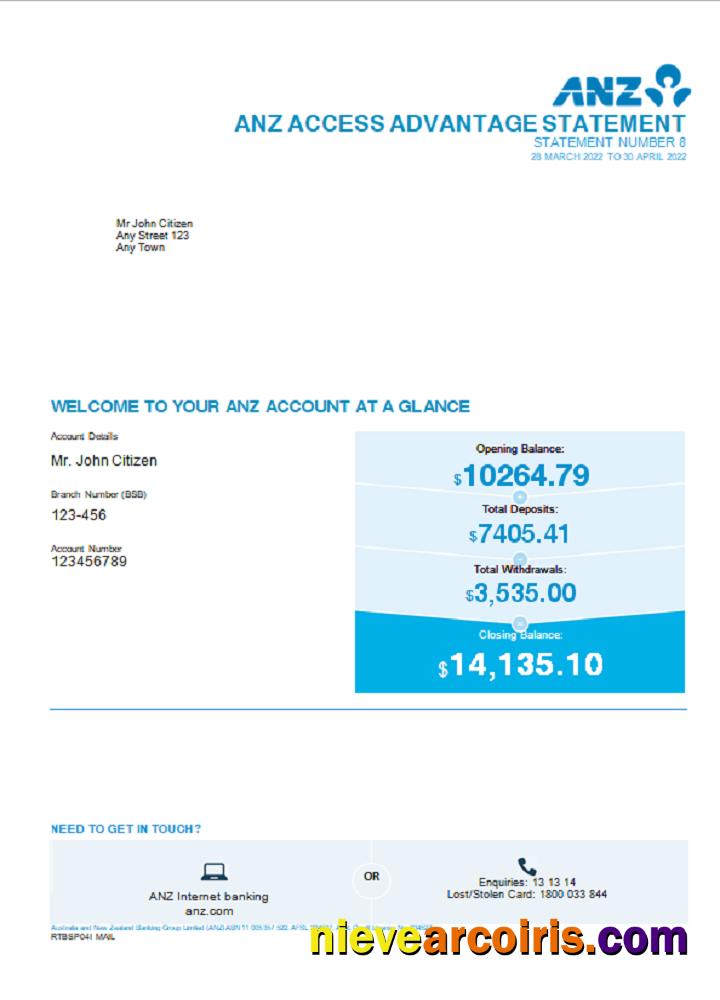 Professional Australia ANZ Bank Statement, Word And PDF Template