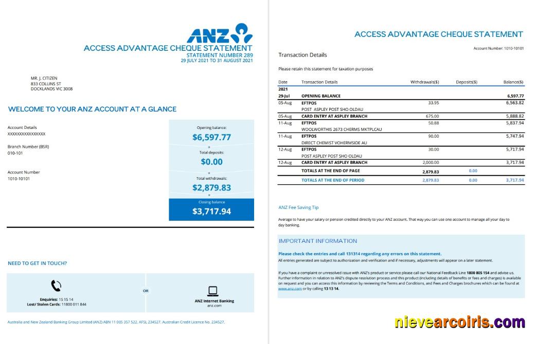 Premium Australia ANZ Proof Of Address Bank Statement Template In .xls And .pdf Format, 2 Pages