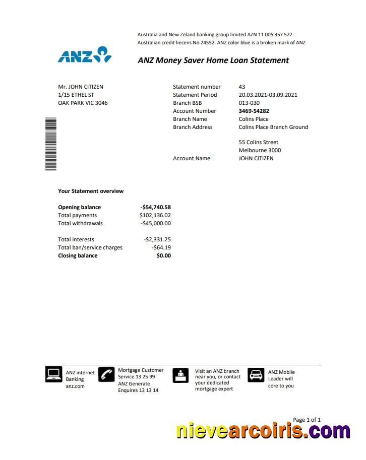 Premium Australia ANZ Proof Of Address Bank Statement Template In Excel And PDF Format