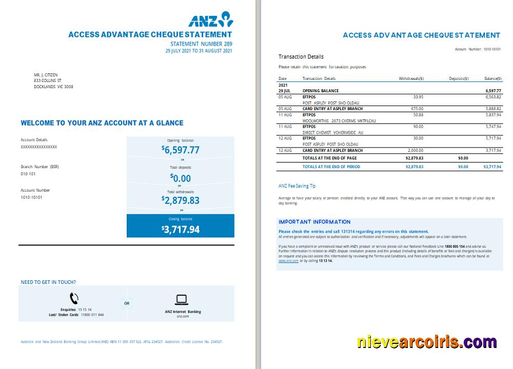 Professional Australia ANZ Proof Of Address Bank Statement Template.1
