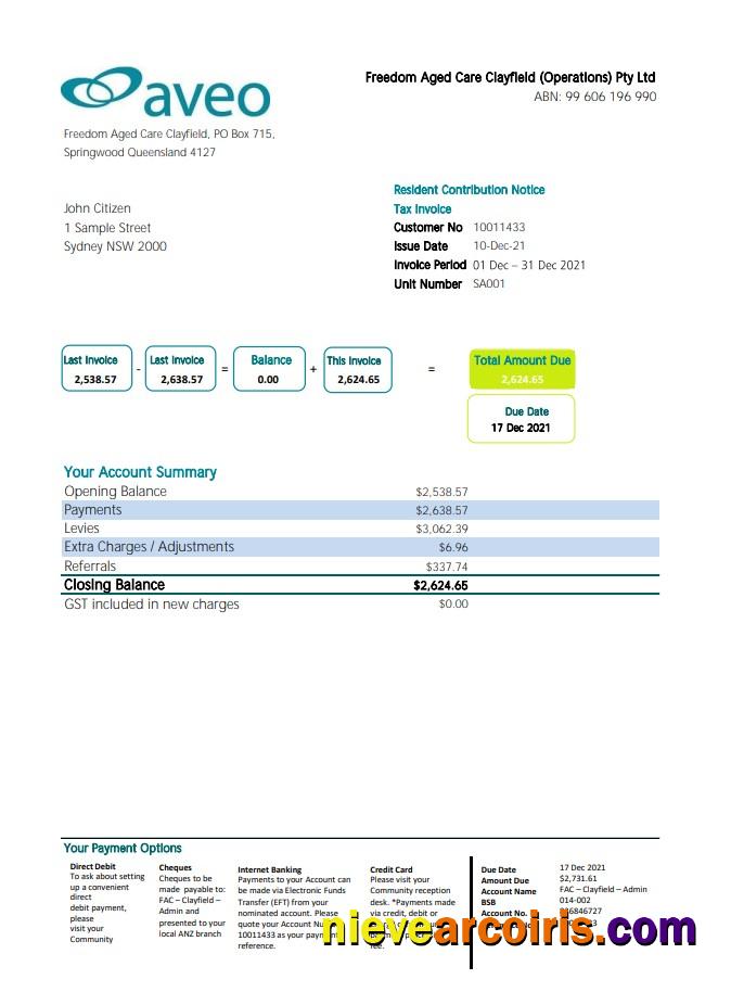 Editable Australia Aveo Bank Statement Template In .xls And .pdf File Format