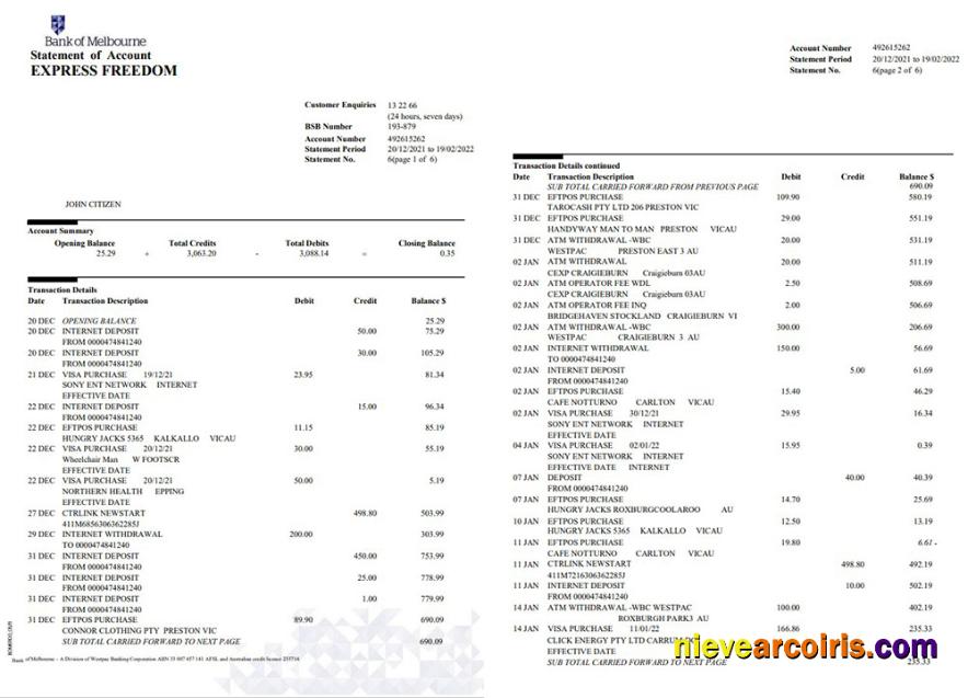 Australia Bank Of Melbourne Bank Account Statement, 6 Pages Photolook