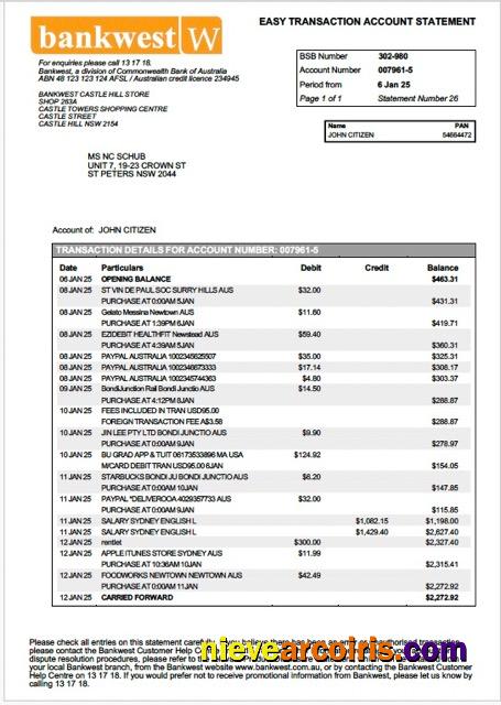 Premium Australia Bankwest Account Statement Word And PDF Template