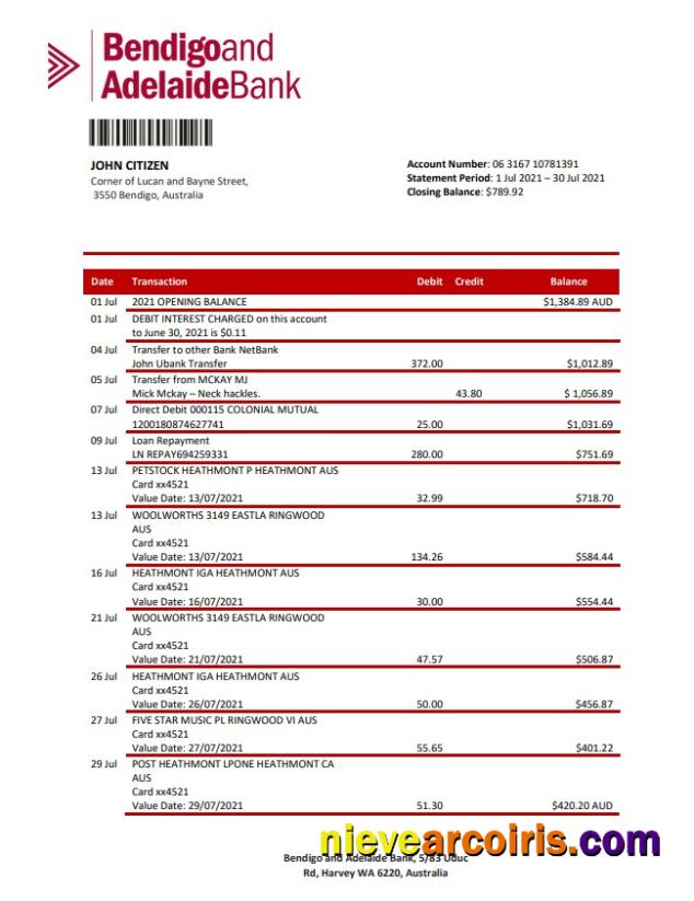 Australia Bendigo And Adelaide Bank Bank Statement Photolook