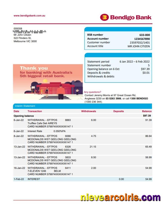 Professional Australia Bendigo Bank Statement Easy To Fill Template In Excel And PDF Format, 2 Pages