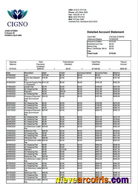 Professional Australia Cigno Account Statement Word And PDF Template