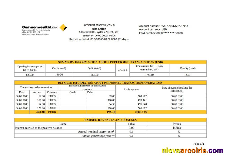 Editable Australia Commonwealth Account Bank Statement Template In Excel And PDF Format, Fully Editable