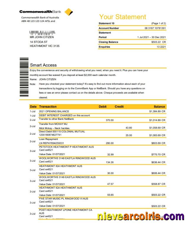 Realistic Australia Commonwealth Bank Statement Template In Excel And PDF Format, Fully Editable