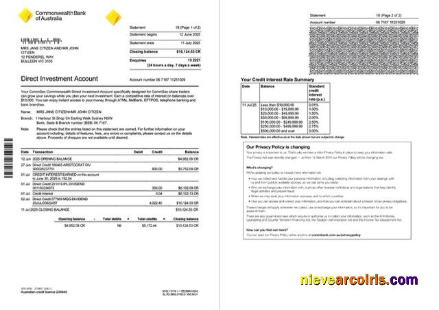 Editable Australia Commonwealth Account Statement Word And PDF Template, 2 Pages